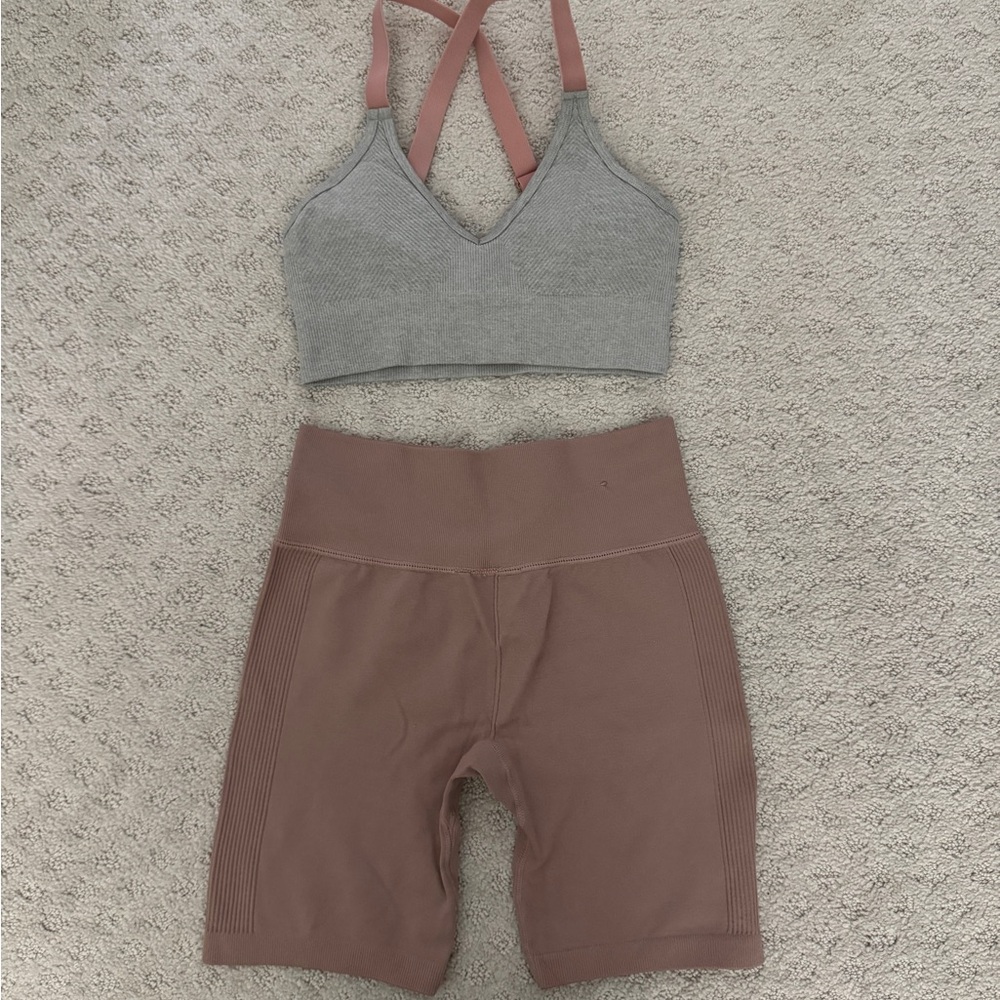 H&M Grey Ribbed Sports Bra with Dusty Pink Straps